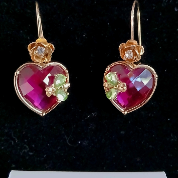 Gold and Pink Heart Earrings with Floral Accents - Picture 1 of 3